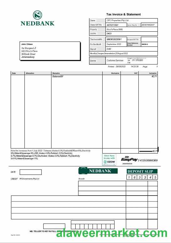 South Africa Nedbank statement Word and PDF template